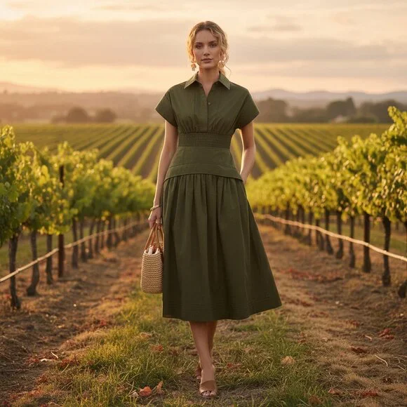 Tuckernuck Cameran Army Green Collared A-Line Midi Shirt Dress Size M NWT - Picture 1 of 12